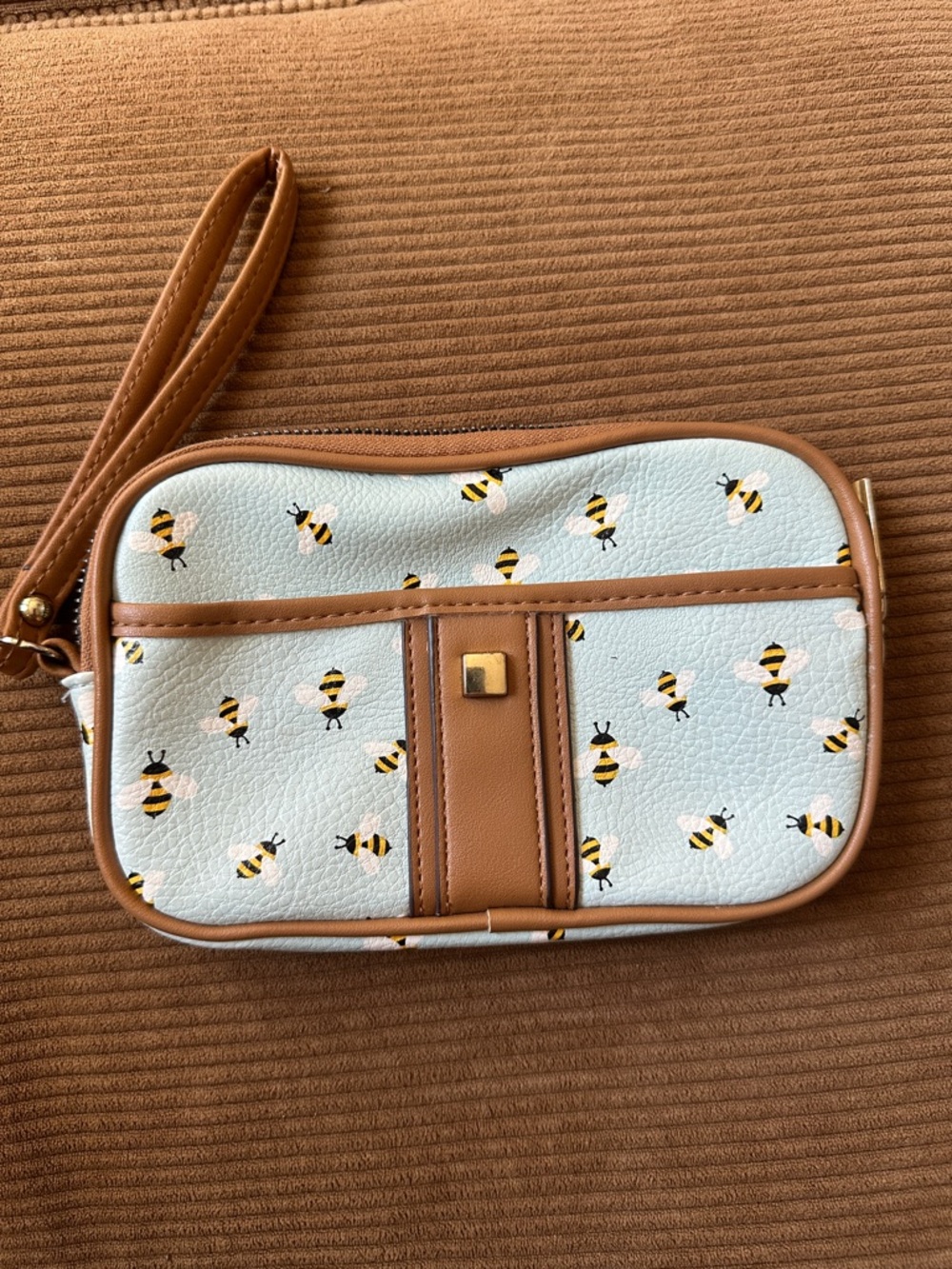 Bee Print Wristlet Clutch in Light Blue and Tan